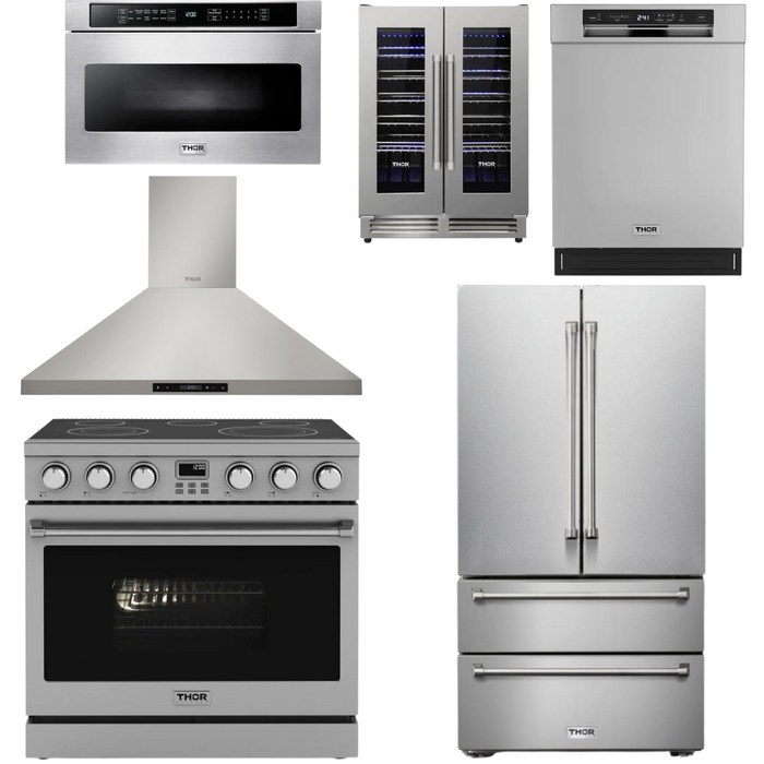 THOR Contemporary Package - 36" Electric Range, Range Hood, Refrigerator, Dishwasher, Microwave and Wine Cooler, THOR-AP-ARE36-C131