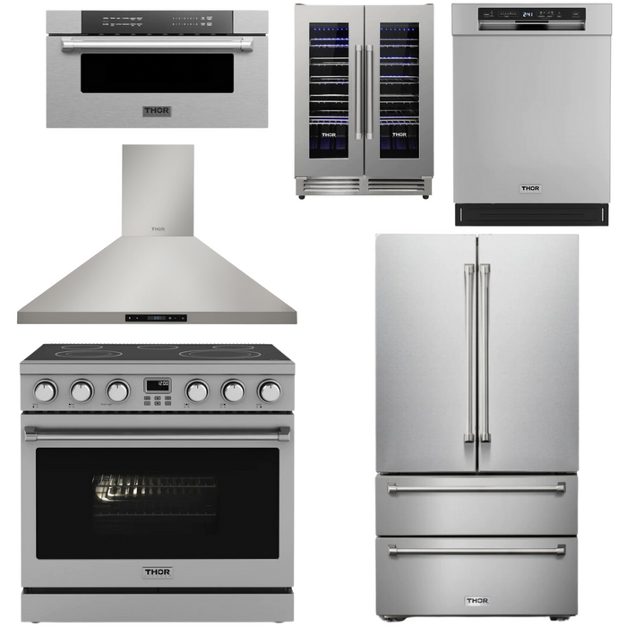 THOR Contemporary Package - 36" Electric Range, Range Hood, Refrigerator, Dishwasher, Microwave and Wine Cooler, THOR-AP-ARE36-C132