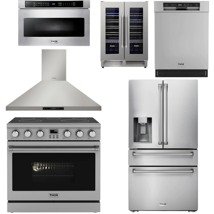 THOR Contemporary Package - 36" Electric Range, Range Hood, Refrigerator, Dishwasher, Microwave and Wine Cooler, THOR-AP-ARE36-C135