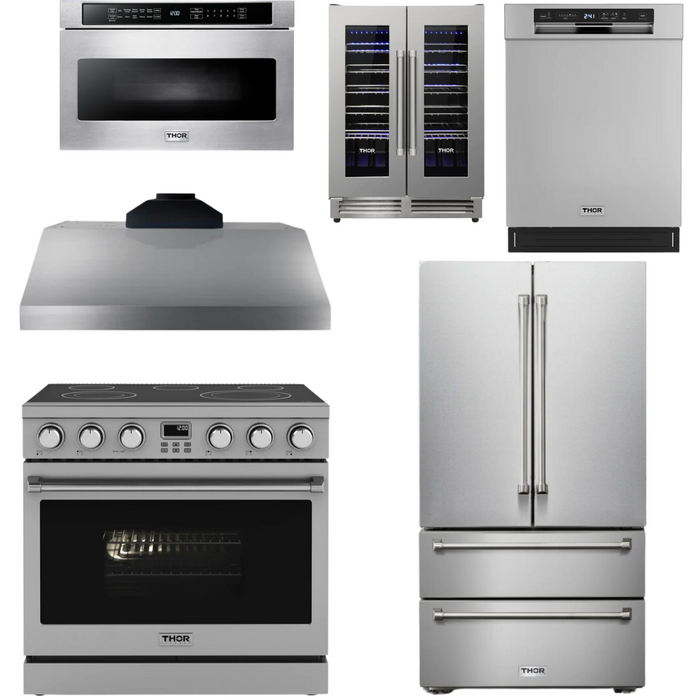 THOR Contemporary Package - 36" Electric Range, Range Hood, Refrigerator, Dishwasher, Microwave and Wine Cooler, THOR-AP-ARE36-C139