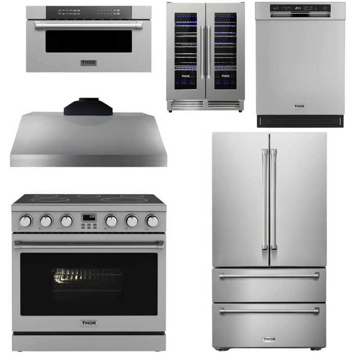 THOR Contemporary Package - 36" Electric Range, Range Hood, Refrigerator, Dishwasher, Microwave and Wine Cooler, THOR-AP-ARE36-C140