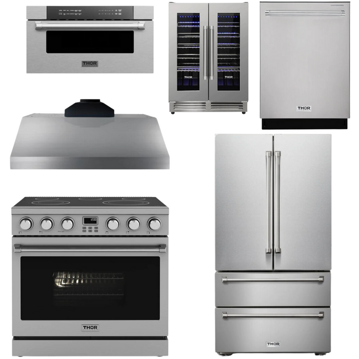 THOR Contemporary Package - 36" Electric Range, Range Hood, Refrigerator, Dishwasher, Microwave and Wine Cooler, THOR-AP-ARE36-C142