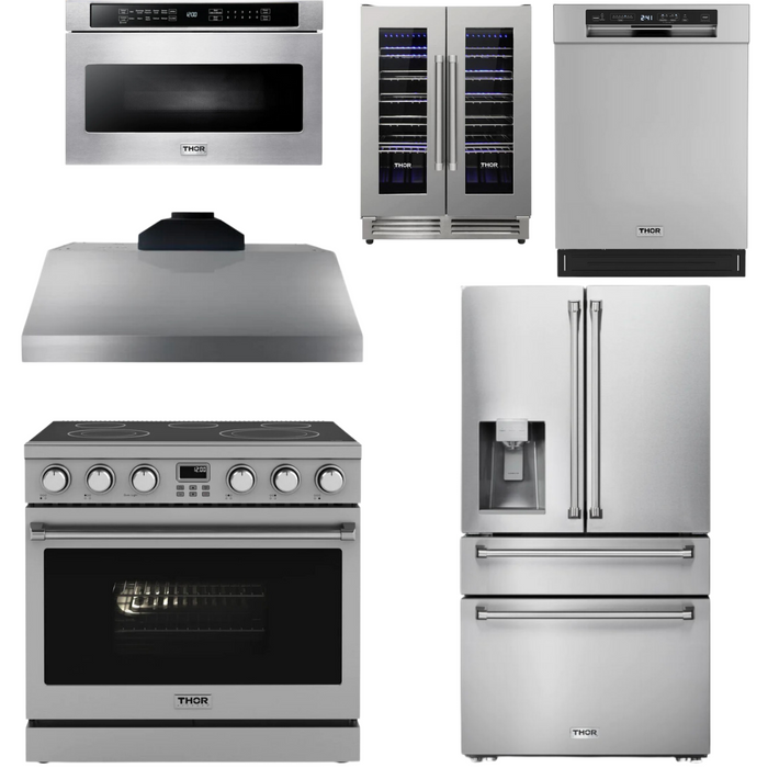 THOR Contemporary Package - 36" Electric Range, Range Hood, Refrigerator, Dishwasher, Microwave and Wine Cooler, THOR-AP-ARE36-C143