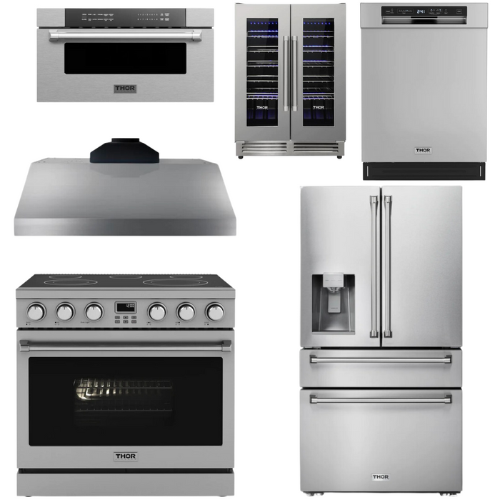 THOR Contemporary Package - 36" Electric Range, Range Hood, Refrigerator, Dishwasher, Microwave and Wine Cooler, THOR-AP-ARE36-C144