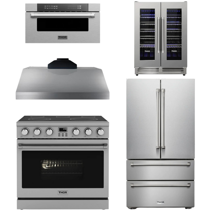 THOR Contemporary Package - 36" Electric Range, Range Hood, Refrigerator, Microwave and Wine Cooler, THOR-AP-ARE36-C120