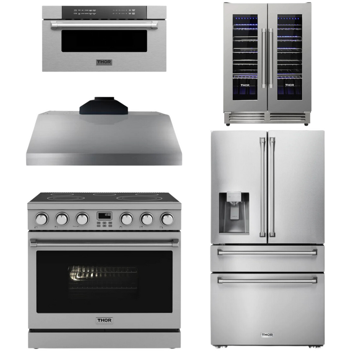 THOR Contemporary Package - 36" Electric Range, Range Hood, Refrigerator, Microwave and Wine Cooler, THOR-AP-ARE36-C122
