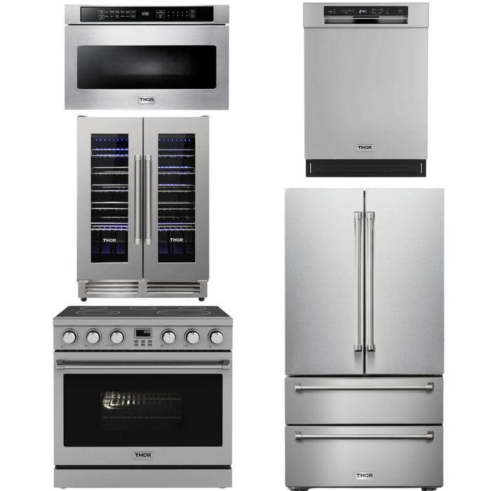 THOR Contemporary Package - 36" Electric Range, Refrigerator, Dishwasher, Microwave and Wine Cooler, THOR-AP-ARE36-C123