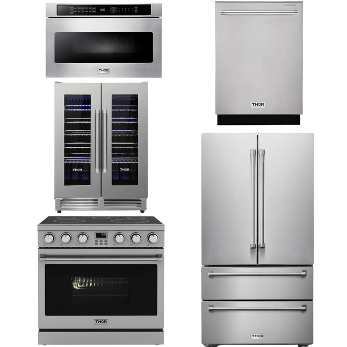THOR Contemporary Package - 36" Electric Range, Refrigerator, Dishwasher, Microwave and Wine Cooler, THOR-AP-ARE36-C125