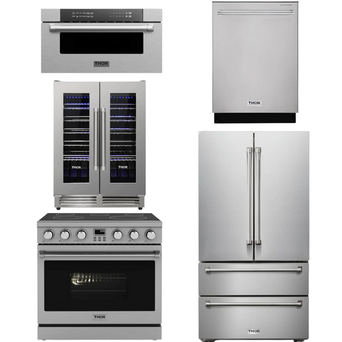 THOR Contemporary Package - 36" Electric Range, Refrigerator, Dishwasher, Microwave and Wine Cooler, THOR-AP-ARE36-C126