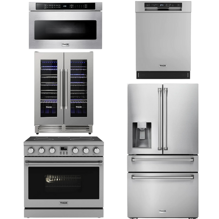 THOR Contemporary Package - 36" Electric Range, Refrigerator, Dishwasher, Microwave and Wine Cooler, THOR-AP-ARE36-C127