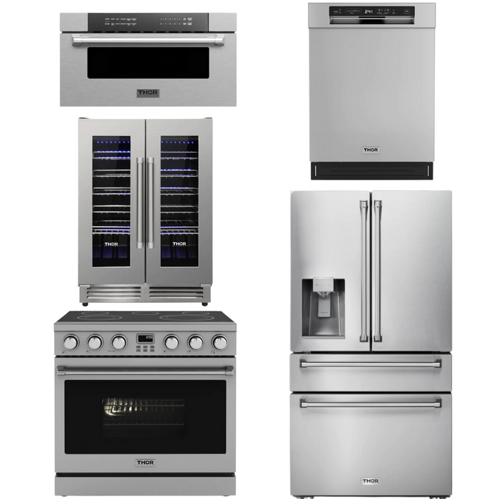 THOR Contemporary Package - 36" Electric Range, Refrigerator, Dishwasher, Microwave and Wine Cooler, THOR-AP-ARE36-C128