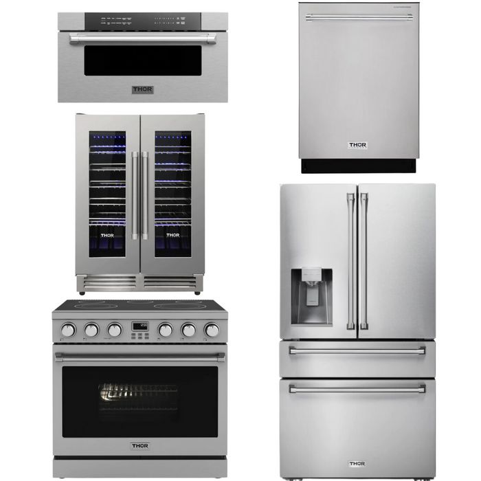 THOR Contemporary Package - 36" Electric Range, Refrigerator, Dishwasher, Microwave and Wine Cooler, THOR-AP-ARE36-C130
