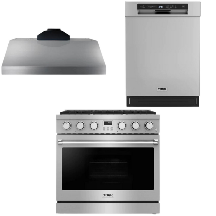 THOR Contemporary Package - 36" Gas Range, Range Hood and Dishwasher, THOR-AP-ARG36-A12