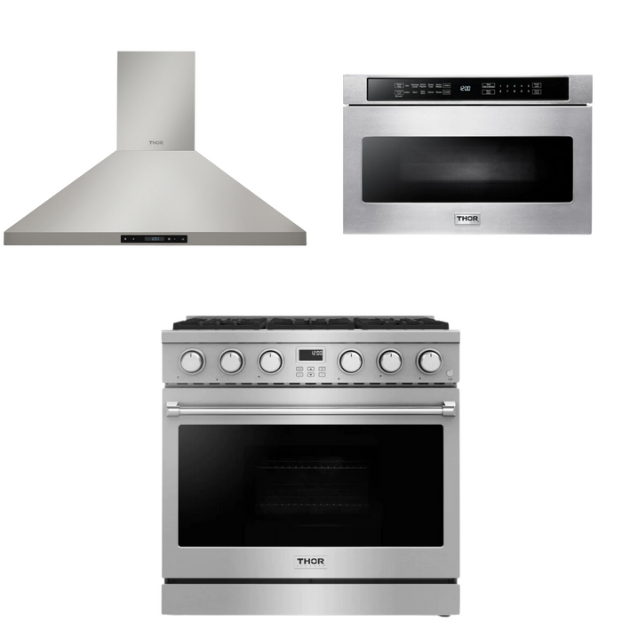 THOR Contemporary Package - 36" Gas Range, Range Hood and Microwave, THOR-AP-ARG36LP-B18