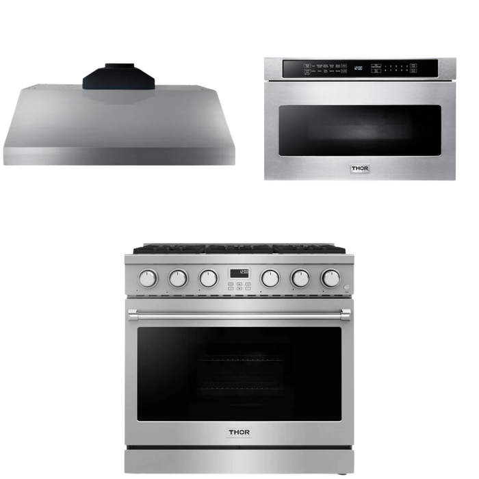 THOR Contemporary Package - 36" Gas Range, Range Hood and Microwave, THOR-AP-ARG36LP-B20