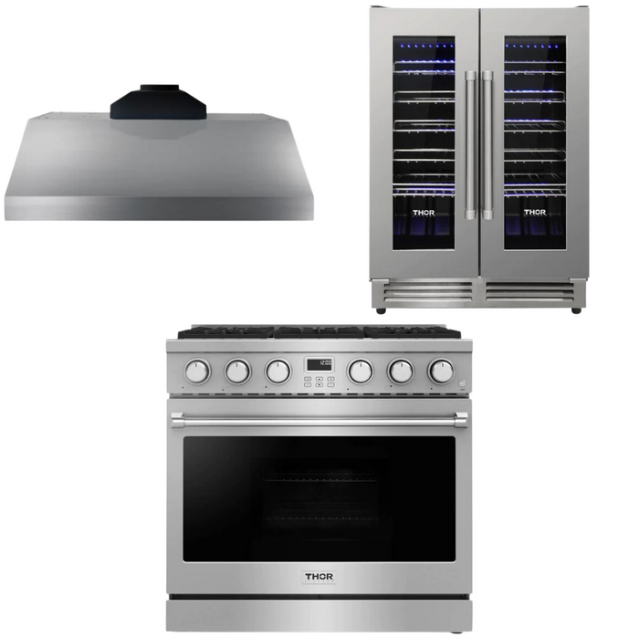 THOR Contemporary Package - 36" Gas Range, Range Hood and Wine Cooler, THOR-AP-ARG36-A23