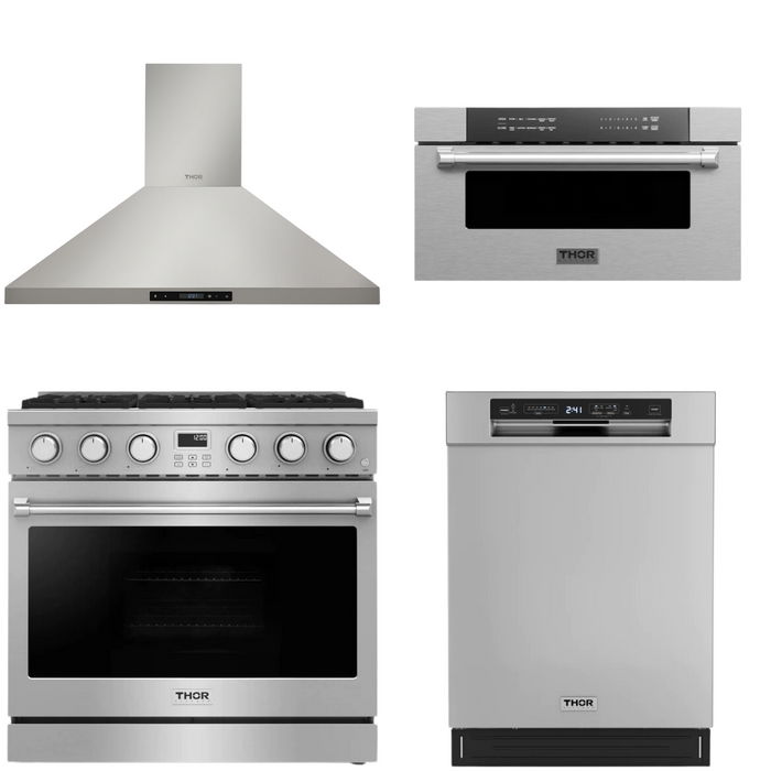 THOR Contemporary Package - 36" Gas Range, Range Hood, Dishwasher and Microwave, THOR-AP-ARG36-A49