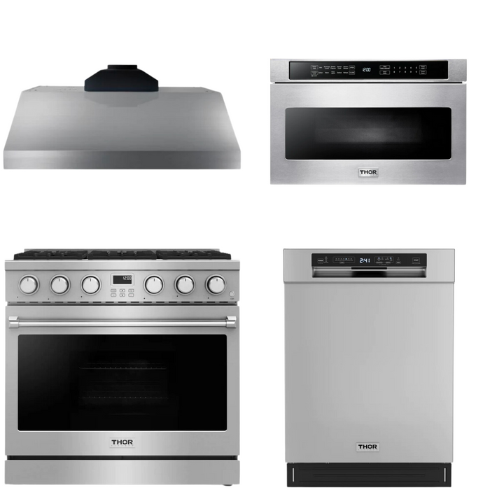 THOR Contemporary Package - 36" Gas Range, Range Hood, Dishwasher and Microwave, THOR-AP-ARG36-A52