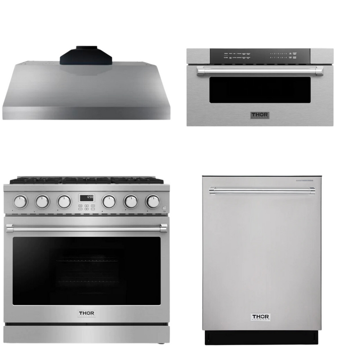 THOR Contemporary Package - 36" Gas Range, Range Hood, Dishwasher and Microwave, THOR-AP-ARG36-A55
