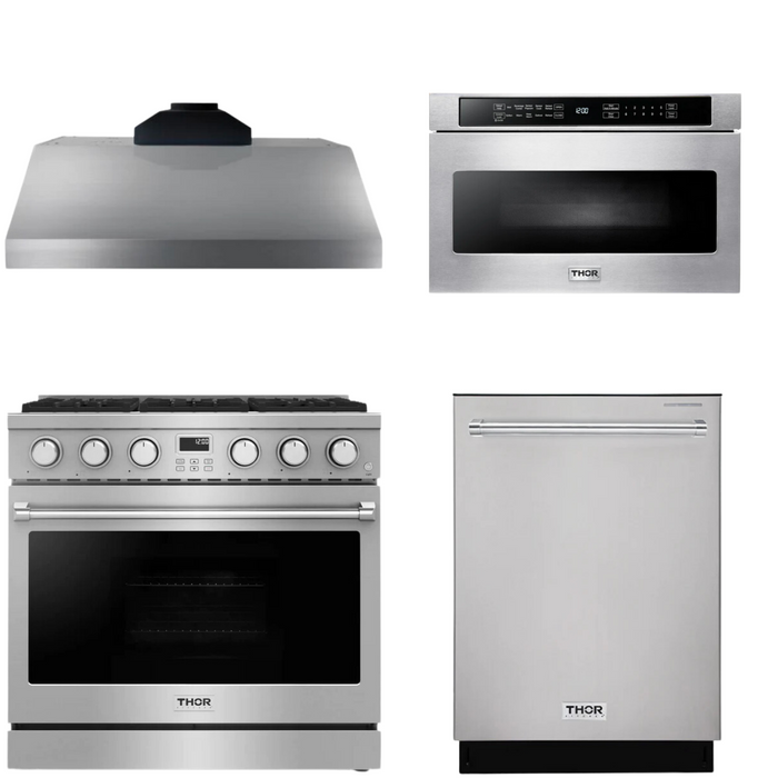 THOR Contemporary Package - 36" Gas Range, Range Hood, Dishwasher and Microwave, THOR-AP-ARG36LP-B54