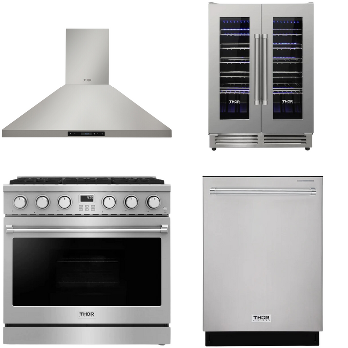 THOR Contemporary Package - 36" Gas Range, Range Hood, Dishwasher and Wine Cooler, THOR-AP-ARG36-A57