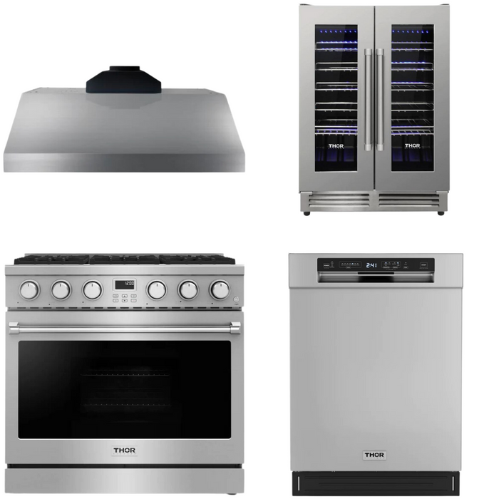 THOR Contemporary Package - 36" Gas Range, Range Hood, Dishwasher and Wine Cooler, THOR-AP-ARG36-A58