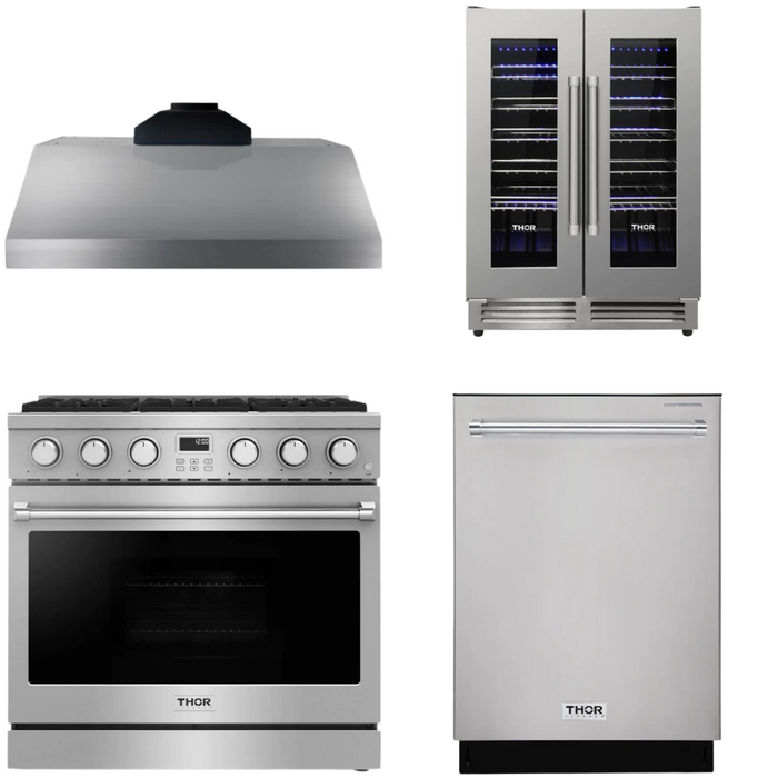 THOR Contemporary Package - 36" Gas Range, Range Hood, Dishwasher and Wine Cooler, THOR-AP-ARG36-A59
