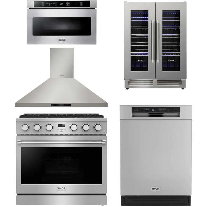THOR Contemporary Package - 36" Gas Range, Range Hood, Dishwasher, Microwave and Wine Cooler, THOR-AP-ARG36-A107