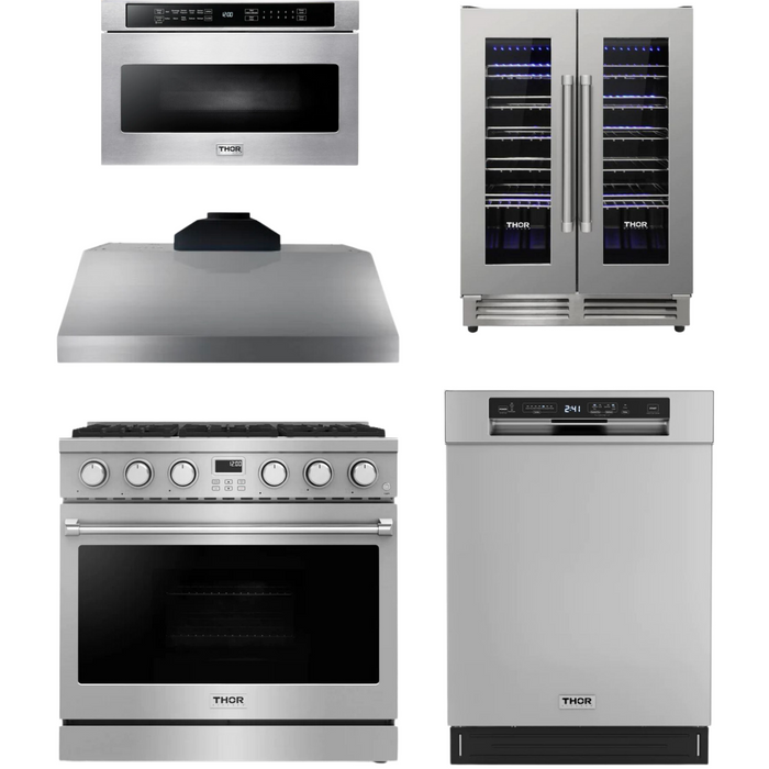 THOR Contemporary Package - 36" Gas Range, Range Hood, Dishwasher, Microwave and Wine Cooler, THOR-AP-ARG36-A111