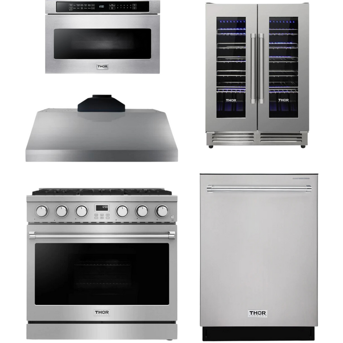 THOR Contemporary Package - 36" Gas Range, Range Hood, Dishwasher, Microwave and Wine Cooler, THOR-AP-ARG36-A113