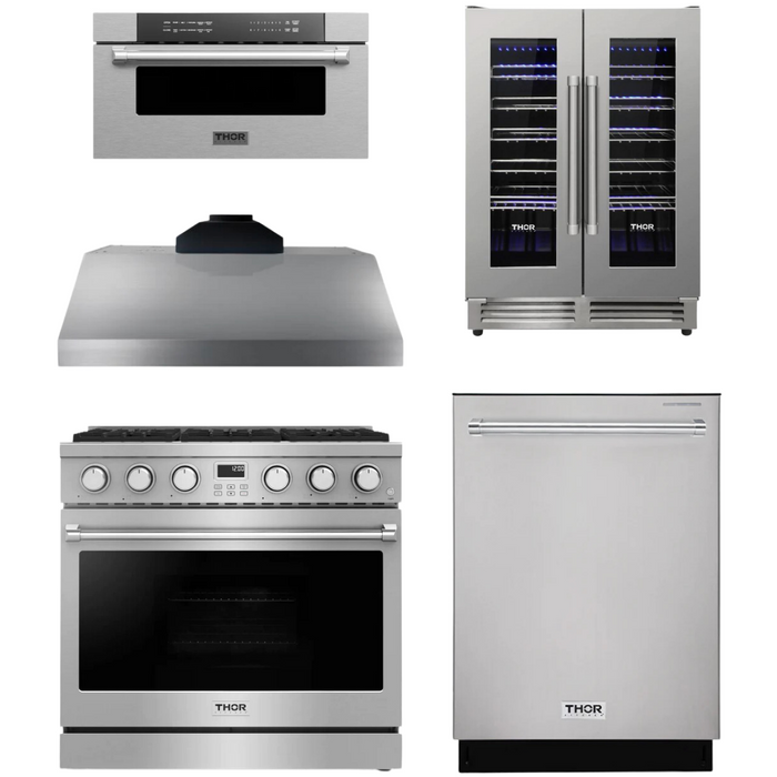 THOR Contemporary Package - 36" Gas Range, Range Hood, Dishwasher, Microwave and Wine Cooler, THOR-AP-ARG36-A114