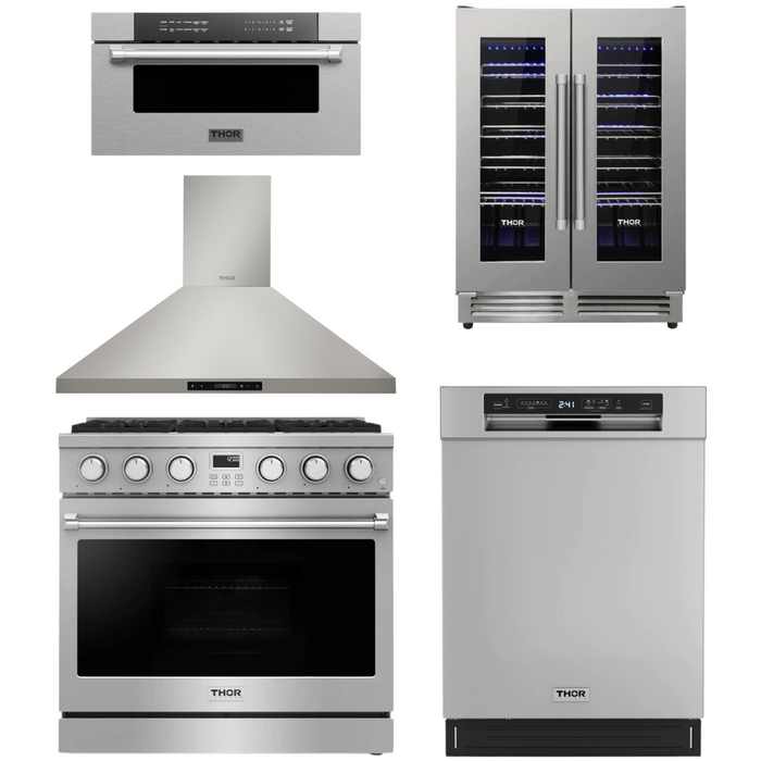 THOR Contemporary Package - 36" Gas Range, Range Hood, Dishwasher, Microwave and Wine Cooler, THOR-AP-ARG36LP-B108
