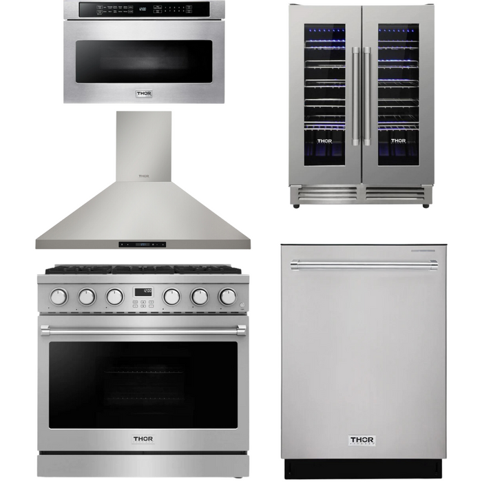 THOR Contemporary Package - 36" Gas Range, Range Hood, Dishwasher, Microwave and Wine Cooler, THOR-AP-ARG36LP-B109