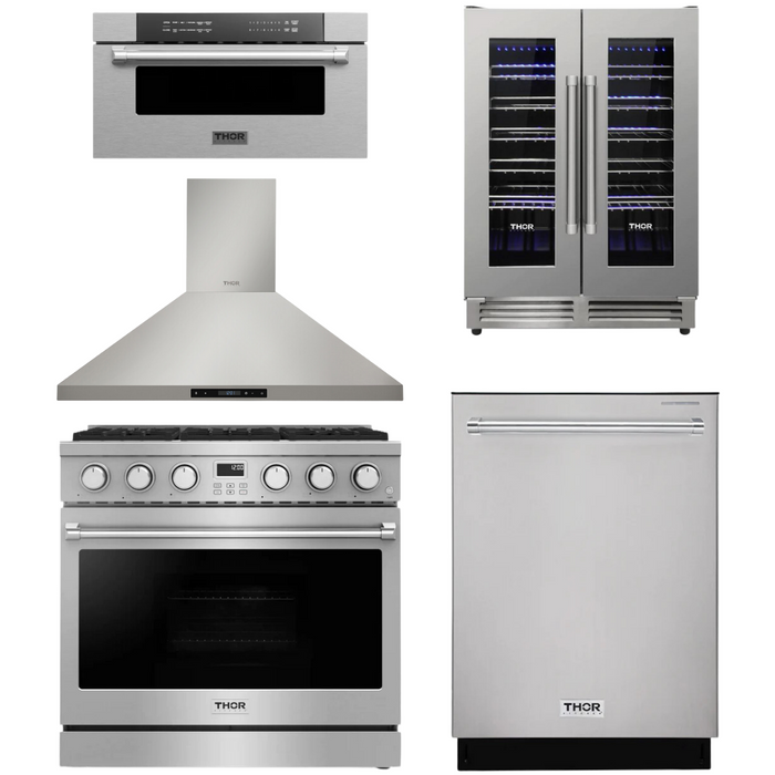 THOR Contemporary Package - 36" Gas Range, Range Hood, Dishwasher, Microwave and Wine Cooler, THOR-AP-ARG36LP-B110