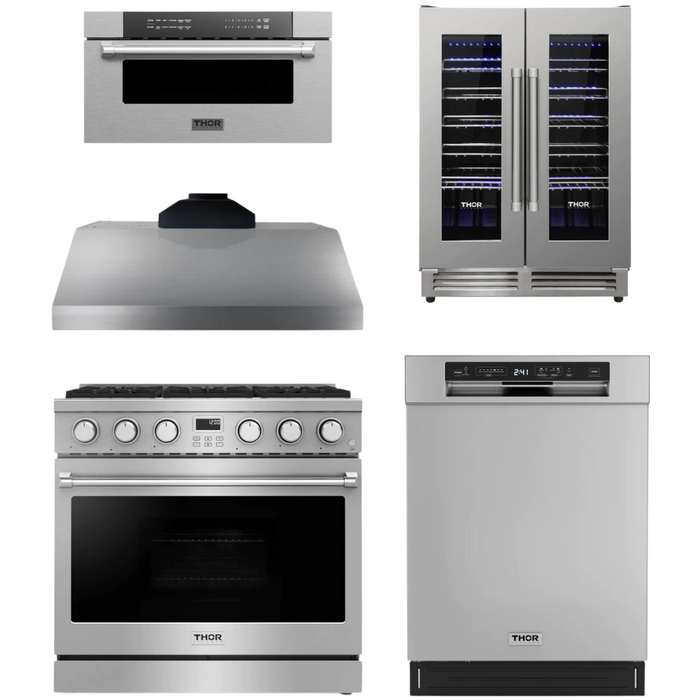 THOR Contemporary Package - 36" Gas Range, Range Hood, Dishwasher, Microwave and Wine Cooler, THOR-AP-ARG36LP-B112