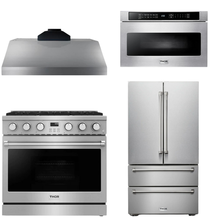 THOR Contemporary Package - 36" Gas Range, Range Hood, Refrigerator and Microwave, THOR-AP-ARG36-A64