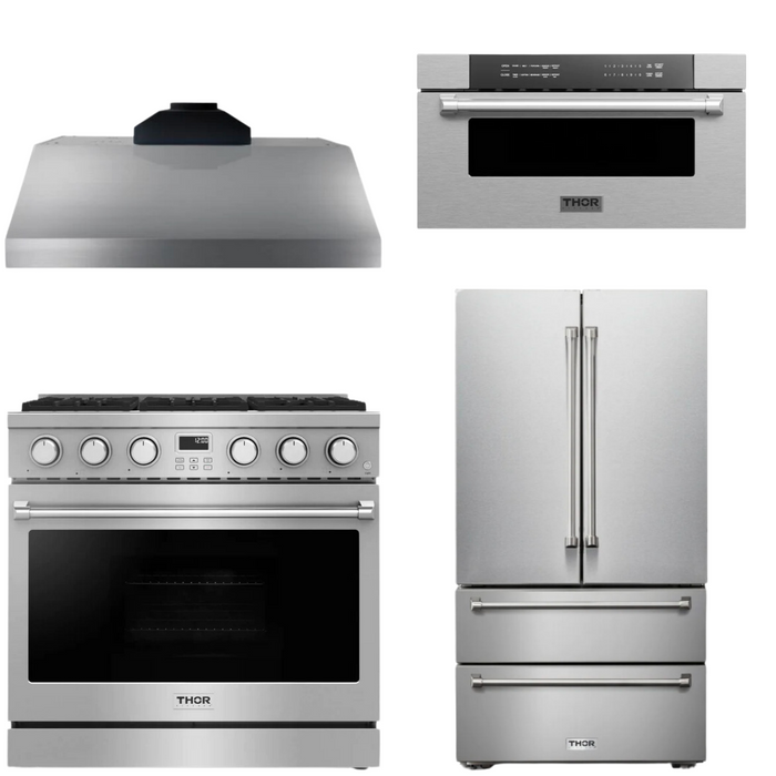 THOR Contemporary Package - 36" Gas Range, Range Hood, Refrigerator and Microwave, THOR-AP-ARG36-A65
