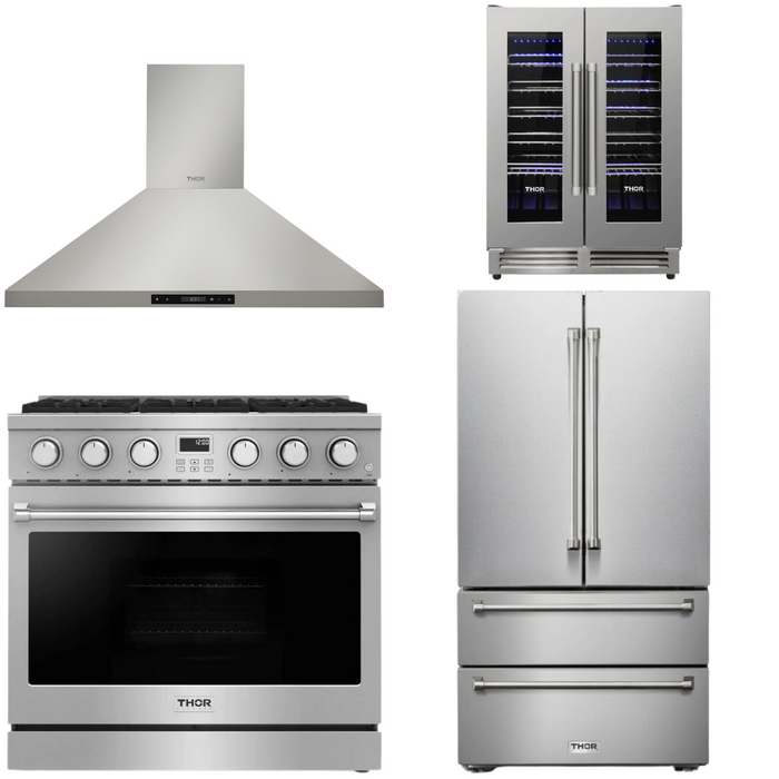 THOR Contemporary Package - 36" Gas Range, Range Hood, Refrigerator and Wine Cooler, THOR-AP-ARG36-A68