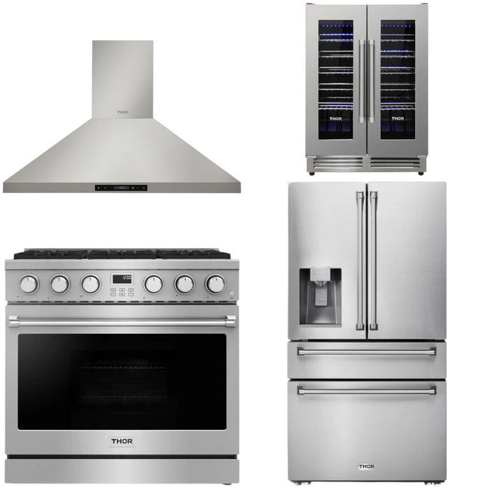 THOR Contemporary Package - 36" Gas Range, Range Hood, Refrigerator and Wine Cooler, THOR-AP-ARG36LP-B69