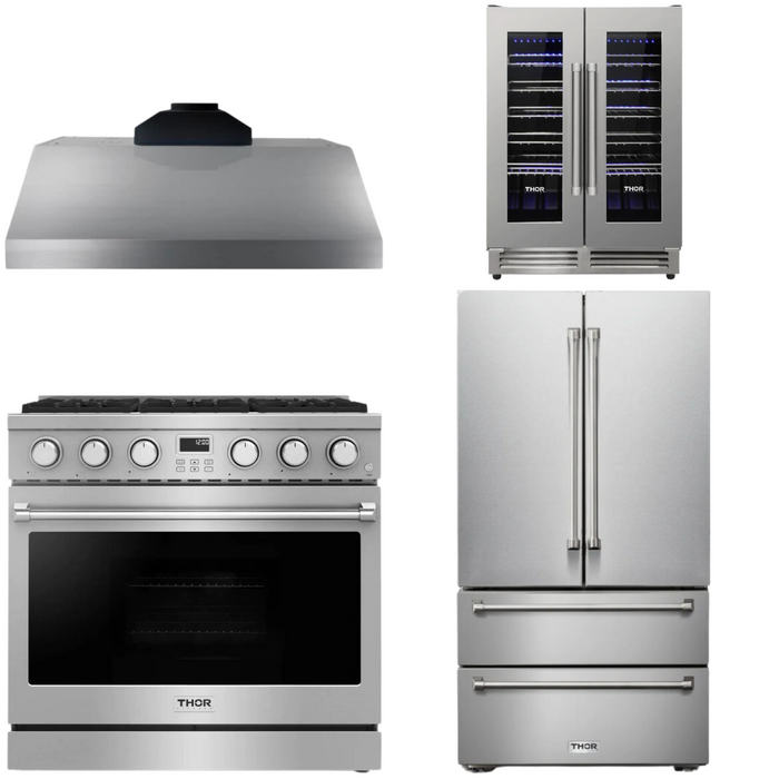 THOR Contemporary Package - 36" Gas Range, Range Hood, Refrigerator and Wine Cooler, THOR-AP-ARG36LP-B70