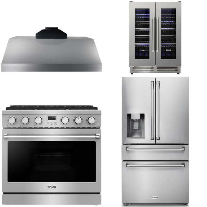 THOR Contemporary Package - 36" Gas Range, Range Hood, Refrigerator and Wine Cooler, THOR-AP-ARG36LP-B71