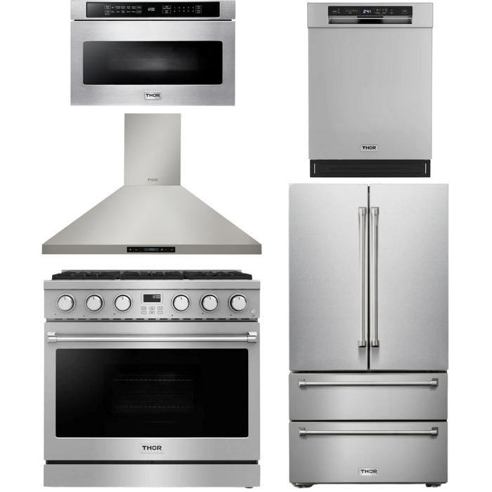 THOR Contemporary Package - 36" Gas Range, Range Hood, Refrigerator, Dishwasher and Microwave, THOR-AP-ARG36-A83