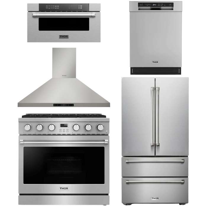 THOR Contemporary Package - 36" Gas Range, Range Hood, Refrigerator, Dishwasher and Microwave, THOR-AP-ARG36-A84