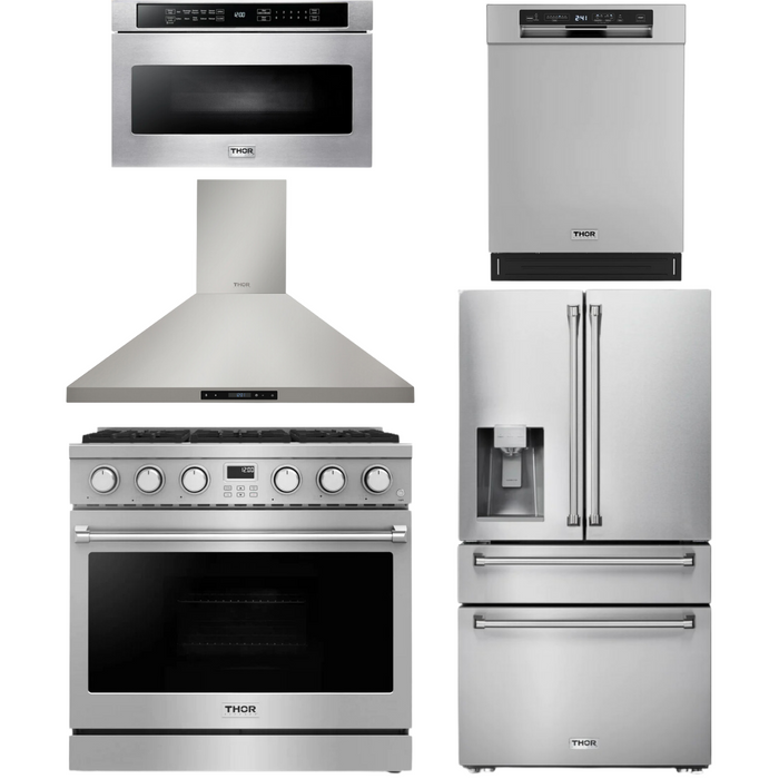 THOR Contemporary Package - 36" Gas Range, Range Hood, Refrigerator, Dishwasher and Microwave, THOR-AP-ARG36-A87