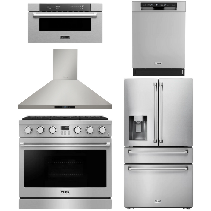 THOR Contemporary Package - 36" Gas Range, Range Hood, Refrigerator, Dishwasher and Microwave, THOR-AP-ARG36-A88