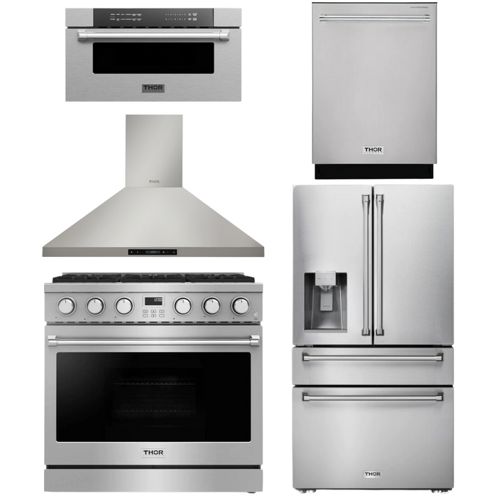 THOR Contemporary Package - 36" Gas Range, Range Hood, Refrigerator, Dishwasher and Microwave, THOR-AP-ARG36-A90