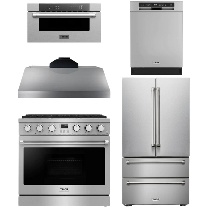THOR Contemporary Package - 36" Gas Range, Range Hood, Refrigerator, Dishwasher and Microwave, THOR-AP-ARG36-A92