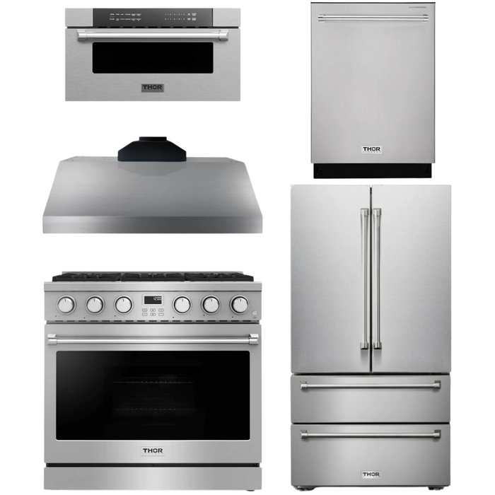 THOR Contemporary Package - 36" Gas Range, Range Hood, Refrigerator, Dishwasher and Microwave, THOR-AP-ARG36-A94