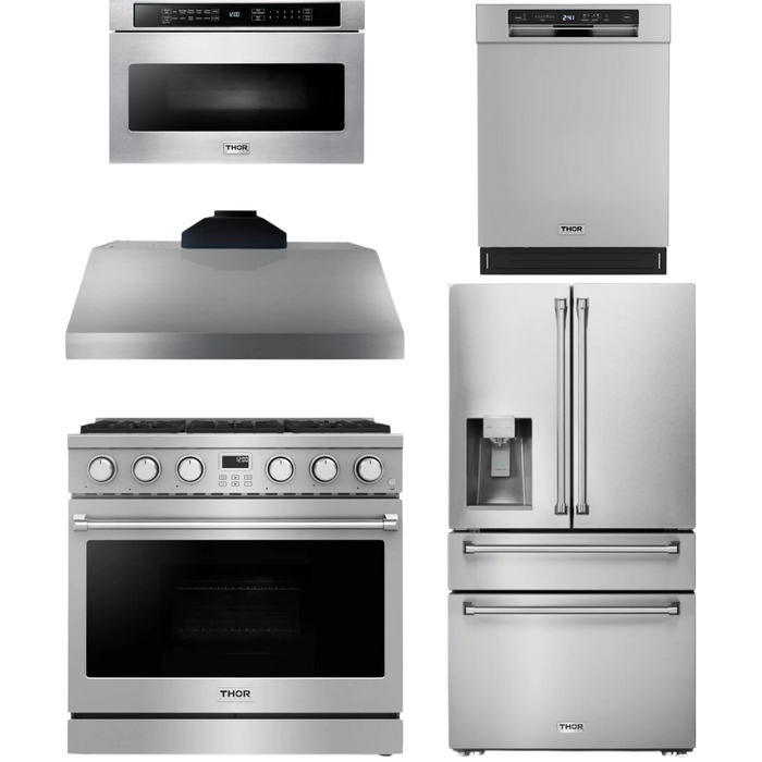 THOR Contemporary Package - 36" Gas Range, Range Hood, Refrigerator, Dishwasher and Microwave, THOR-AP-ARG36-A95