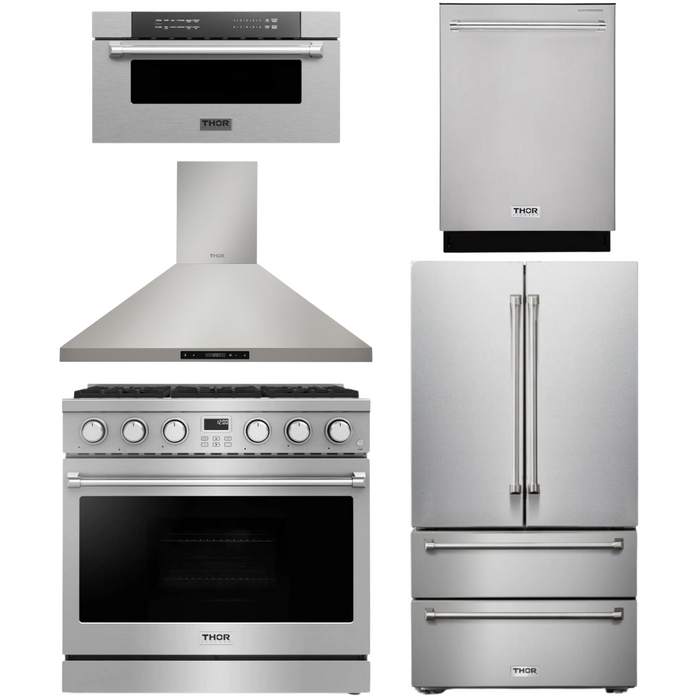 THOR Contemporary Package - 36" Gas Range, Range Hood, Refrigerator, Dishwasher and Microwave, THOR-AP-ARG36LP-B86